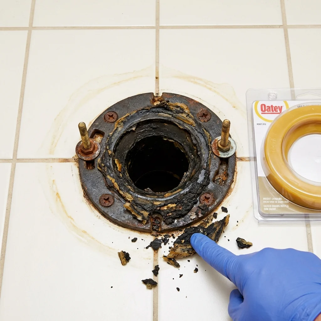 Failed wax ring showing water seepage at the base of a toilet in a Winnsboro, TX home