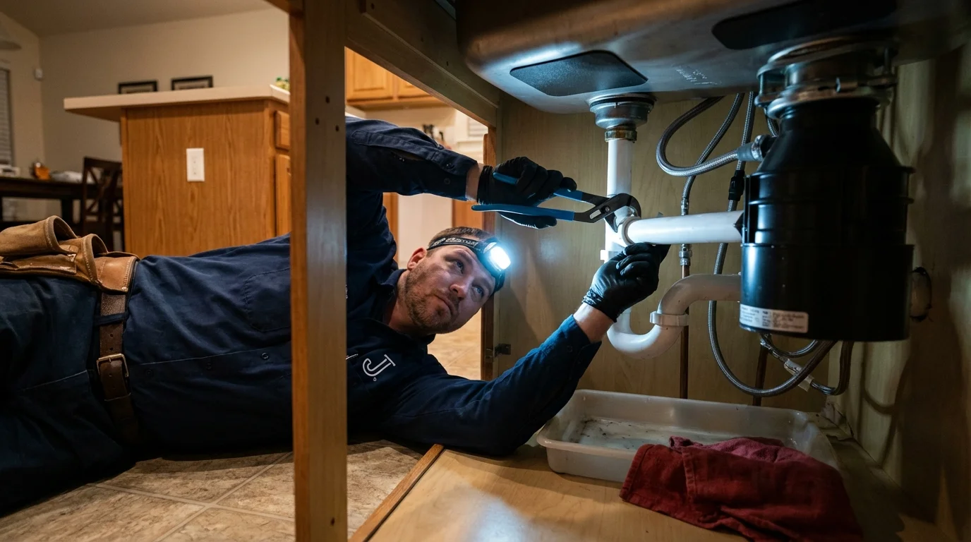 P-trap and supply line connections under a kitchen sink showing a common leak point in Winnsboro, TX